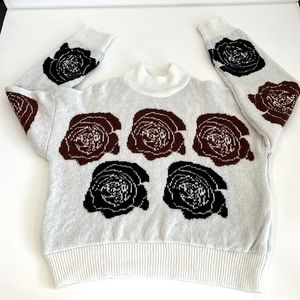 NA-KD Sweater Size M Creme Base Warm Brown and Black Roses Pattern Round Neck